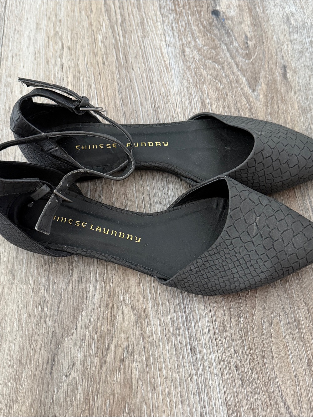 Chinese Laundry Black Textured Pointed D'Orsay Flats with Ankle Strap
